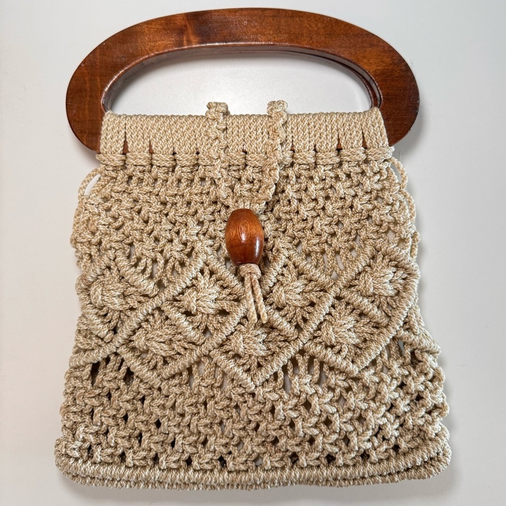 Vintage Handmade Crochet Bag with Wooden Handle
